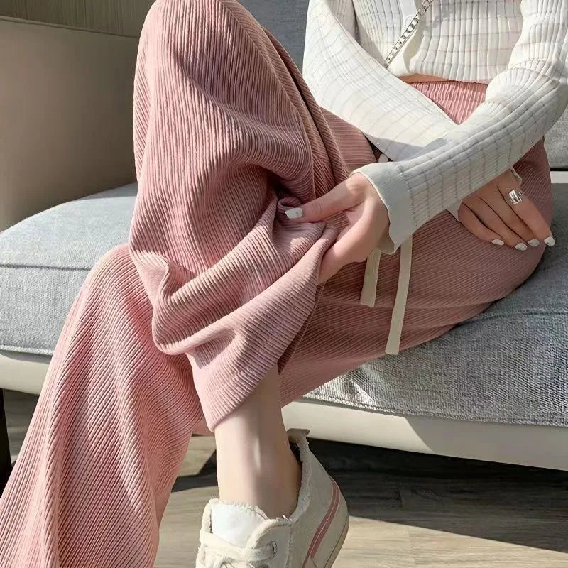 Autumn New Elastic Waist Drawstring Casual Straight Sporty Casual Wide Leg Pants Solid All-Match Basic Trousers Women Clothes