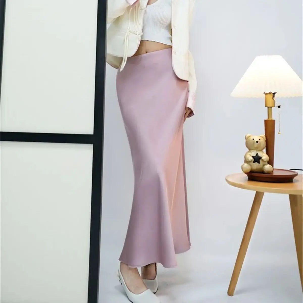 2026 Satin Fabric Skirt Woman High Waist Elegant Long Skirts For Women Korean Fashion Summer Chic Office Slim Fit Midi Skirts