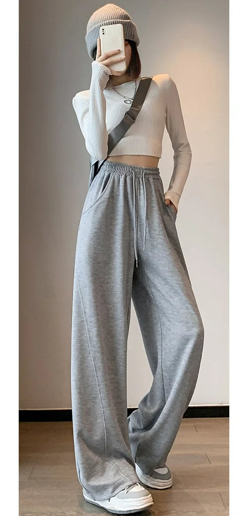 Women Side Striped Wide Leg Straight Tube Pants Vintage High Street Classic Ladies Trousers Winter Fleece Y2k Sport Sweatpants