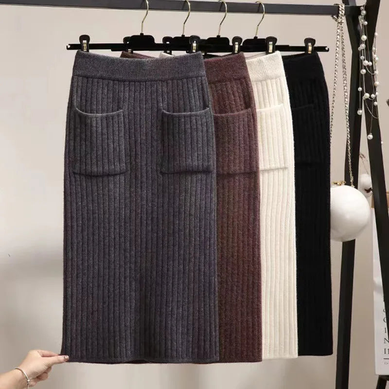 Spring Autumn Women's High Waist knitted Mid-Calf Elastic Skirt Promotions Lady Patchwork Wrap Hip Spilt Solid Color Skirts
