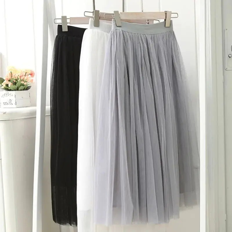 Vintage Tulle Skirt Women Elastic High Waist  3 Layers  A-line Pleated Mesh Skirt Long Bride Tutu Skirts Female Jupe Longue
