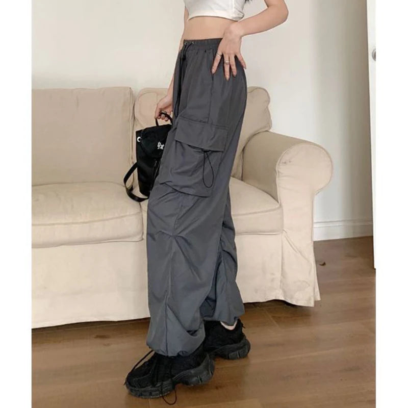 Big Size Female High Street Cargo Pants Lady Baggy High Waist Straight Leg Trousers Girls Classic Fashion Drawstring Pants
