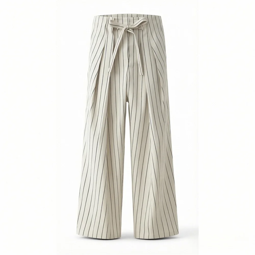 2026 new women's clothing asymmetrical hem round neck fluffy sleeve striped shirt mid waist striped pleated pants