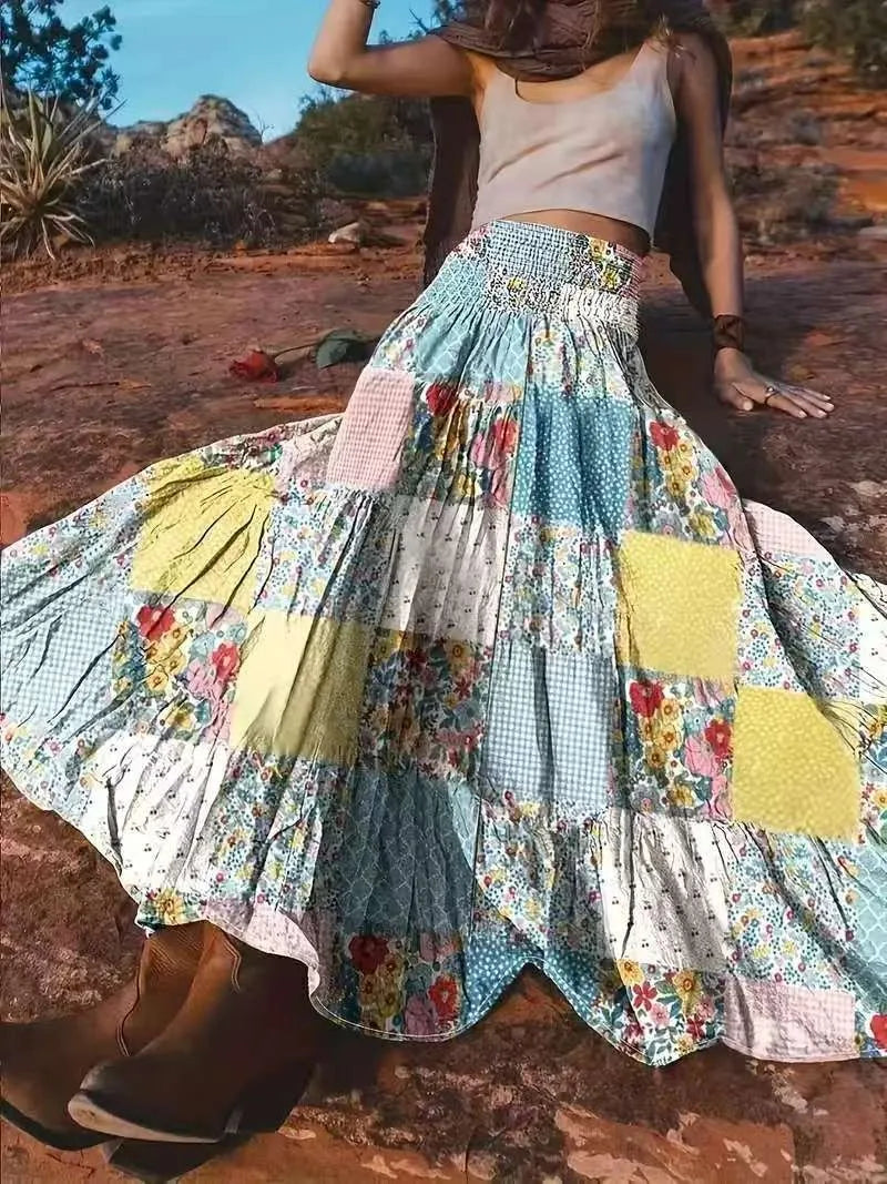 Women's Printed Shirred High Waist Skirt, Elegant Style, Suitable for Casual Vacation Wear