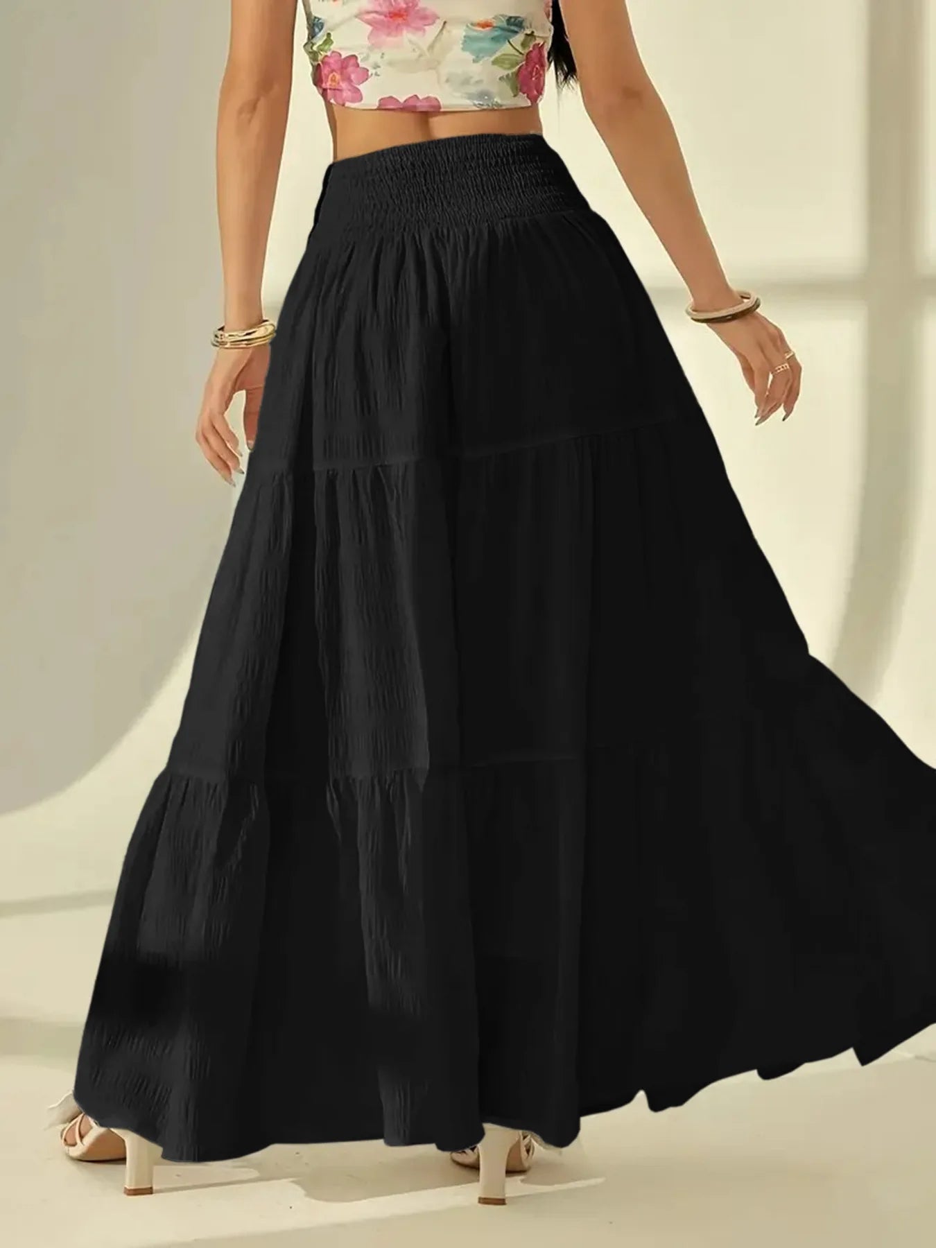 Plus size women's fashionable layered long skirt casual solid color elastic waist women's half skirt holiday date or vacation