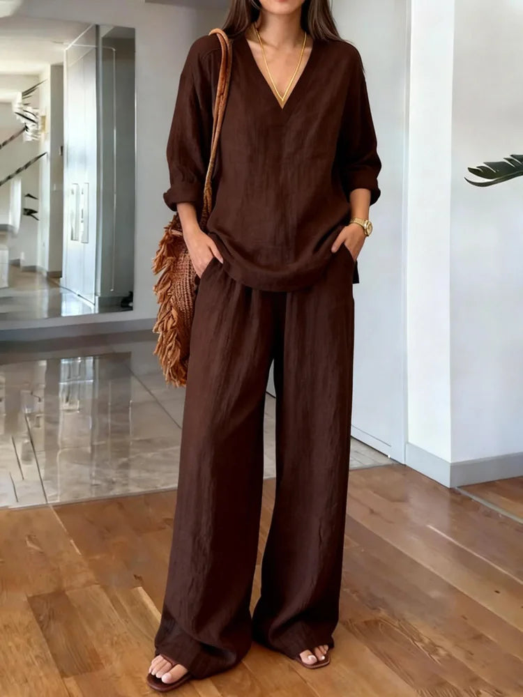 Casual Cotton Pants Sets Women Summer 2026 Fashion Long Sleeve V-neck Loose Tops 2 Piece Set Woman Outfits Elegant