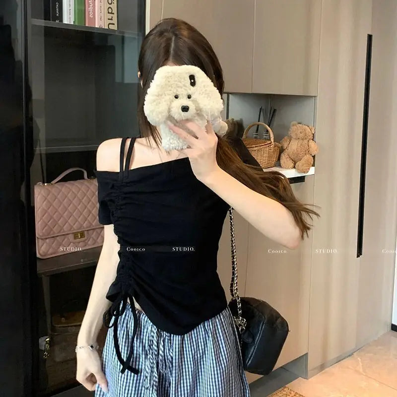 Sweet One shoulder Drawstring Short sleeve T shirt Women Summer Off shoulder Top Elegant Sexy Solid color Cropped Basic Blouse