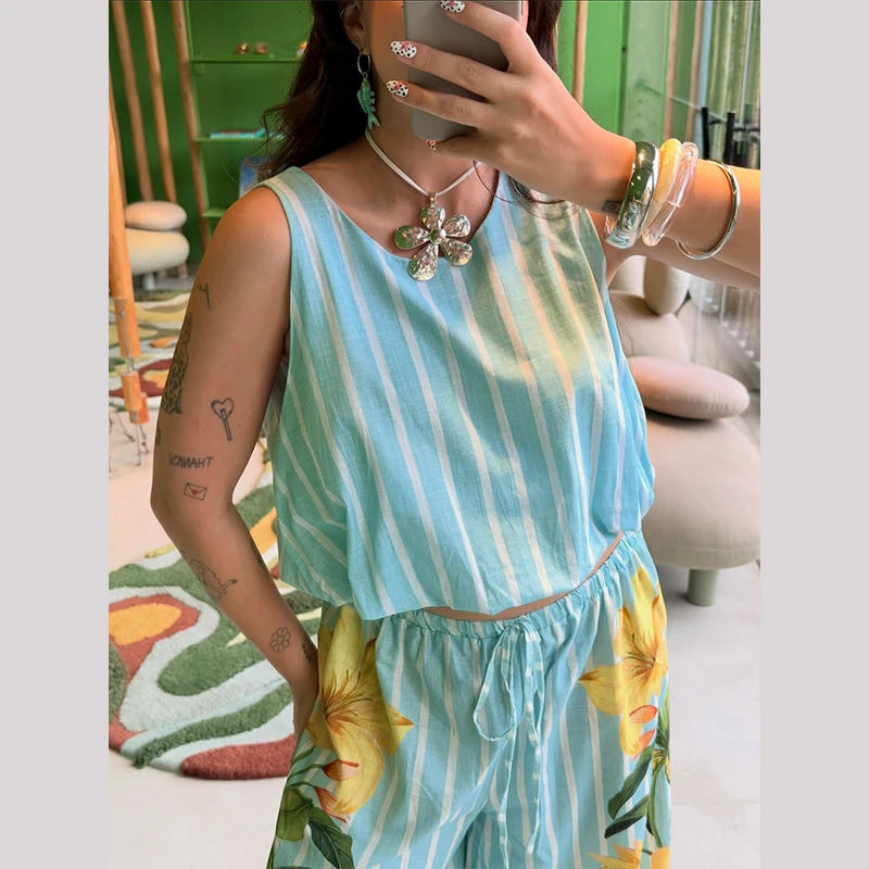 Beach Striped Print Women's Set Sleeveless O-neck Loose Top Wide Legs Pants Female Sets 2026 Summer Vacation Lady Trousers Suit