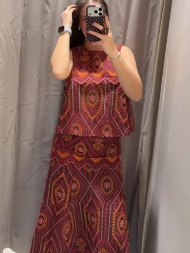 HH Woman Fashion O-Neck Embroidery Hollow Sleeveless Short Tops+Side Zipper Pleated Midi Skirt Casual Printed Spring 2 Piece Set