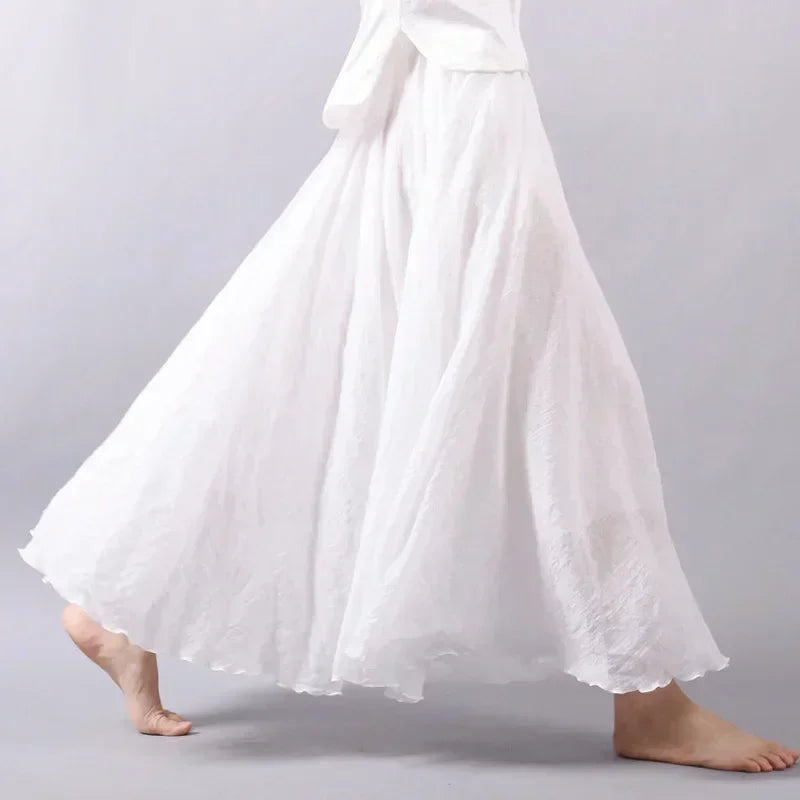 Boho Beach Women's Skirt - Linen Cotton Blend Elastic Waist Long Pleated Maxi, Vintage Summer Casual Skirt Faldas Saia