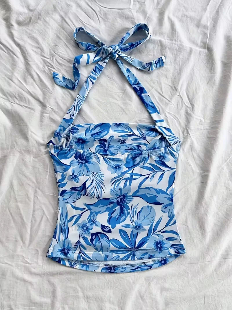 cropped top，Women's vacation open collar blue and white printed pleated lace up backless vest