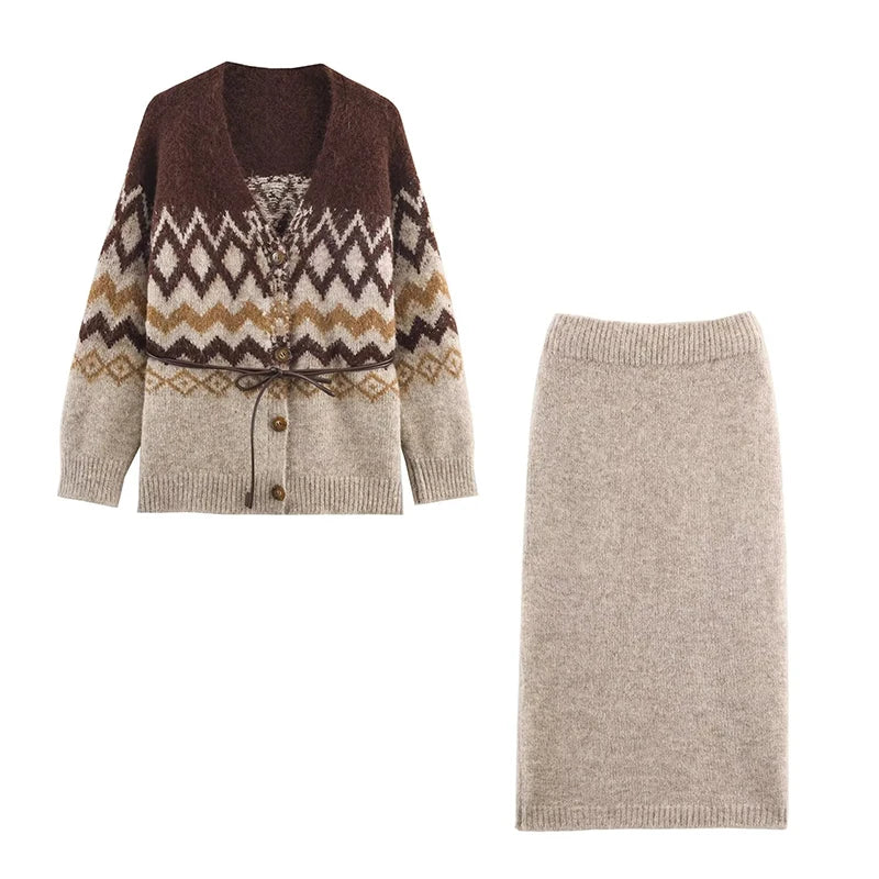 Women Knitted Midi Skirts Two Piece Sets 2026 New Fashion Jacquard Belt Knit Cardigan Women's Suits Autumn Winter Woman Outfits