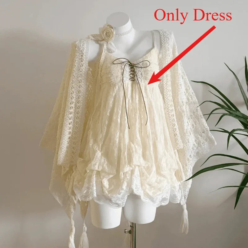 New Vintage Summer Women Sets Elegant Ruffle Lace Chiffon Design Mini Skirt Suit Fairy Female Sweet Korean Fashion Outfits 2026