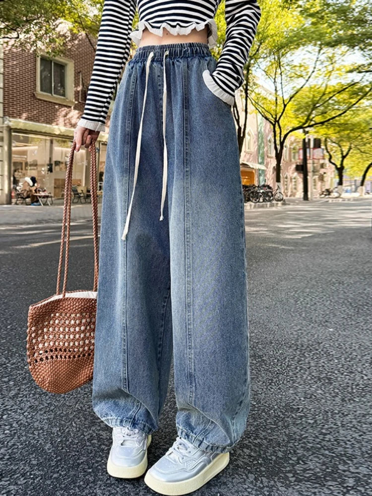Spring Summer Women Jeans European Style High Waist Slimming Loose Straight Floor Length Harem Wide Leg Trousers Sickle Pants﻿