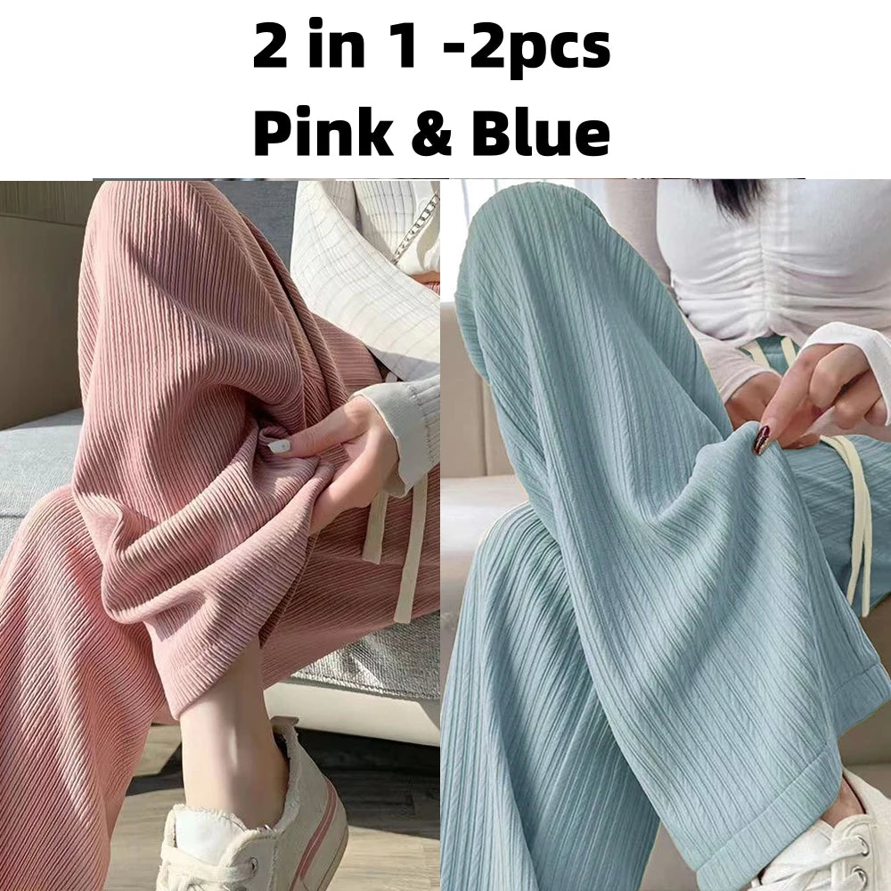 Autumn New Elastic Waist Drawstring Casual Straight Sporty Casual Wide Leg Pants Solid All-Match Basic Trousers Women Clothes