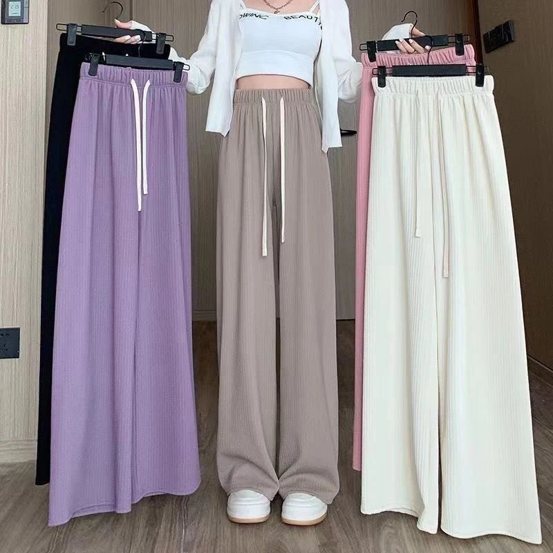 Autumn New Elastic Waist Drawstring Casual Straight Sporty Casual Wide Leg Pants Solid All-Match Basic Trousers Women Clothes