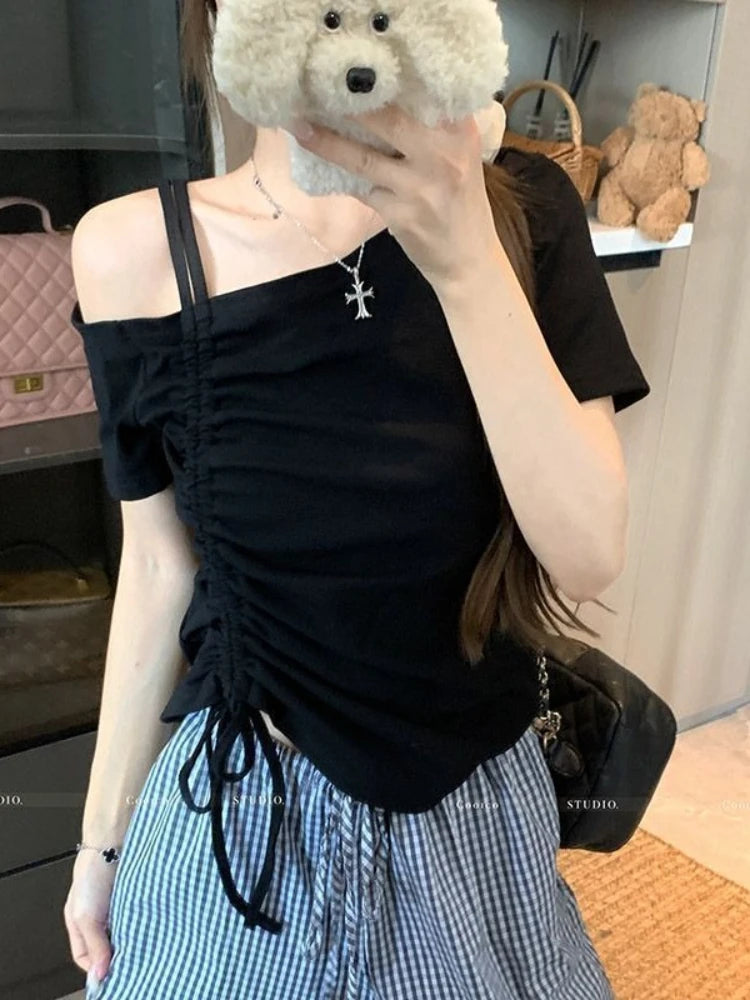 Sweet One shoulder Drawstring Short sleeve T shirt Women Summer Off shoulder Top Elegant Sexy Solid color Cropped Basic Blouse
