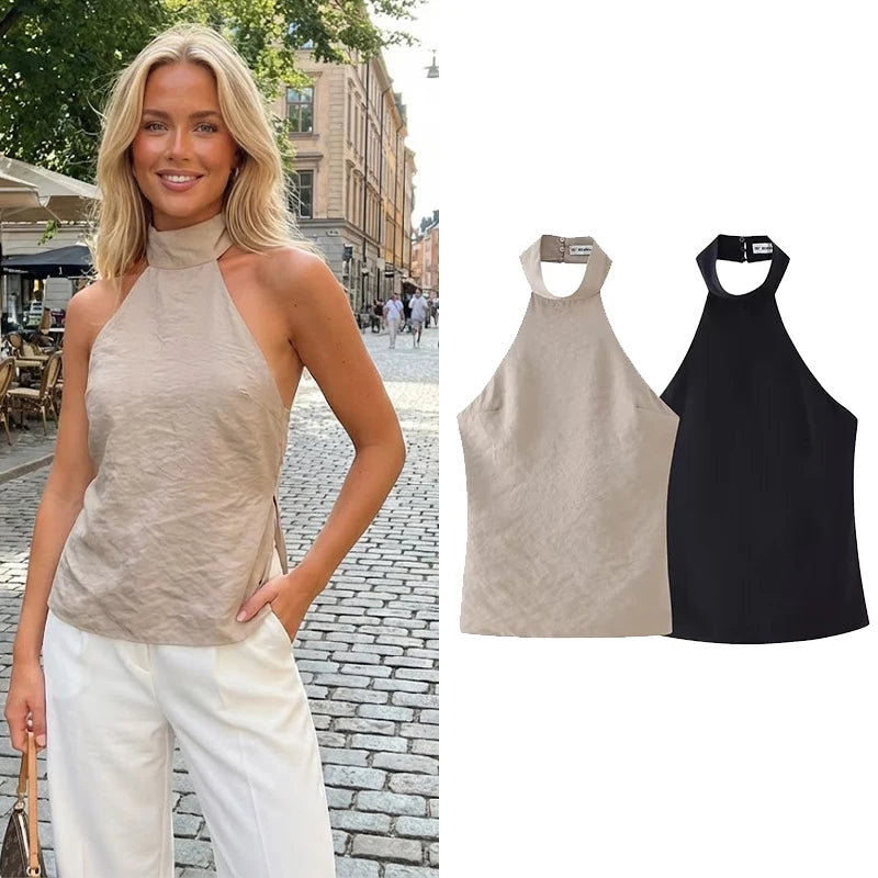 Willshela Women Fashion Khaki Backless Bandage Cropped Tops Vintage Halter Neck Sleeveless Female Chic Lady Tops