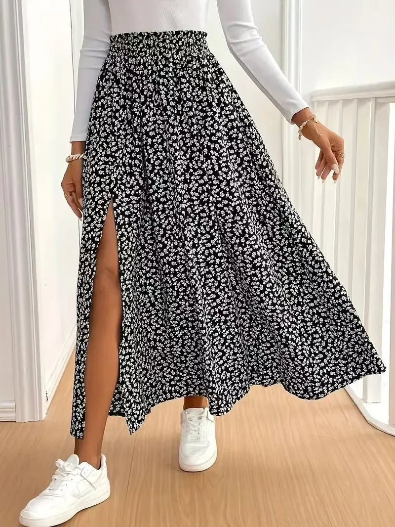 2026 Autumn New Floral Half length Skirt with Split A-line Hip Wrap and Middle Waist Skirt