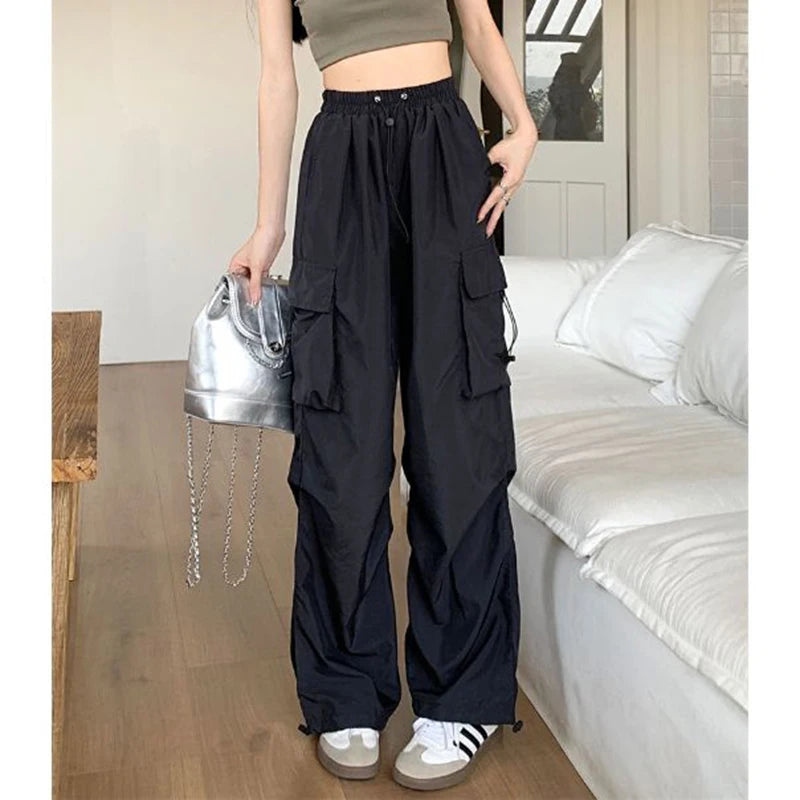 Big Size Female High Street Cargo Pants Lady Baggy High Waist Straight Leg Trousers Girls Classic Fashion Drawstring Pants