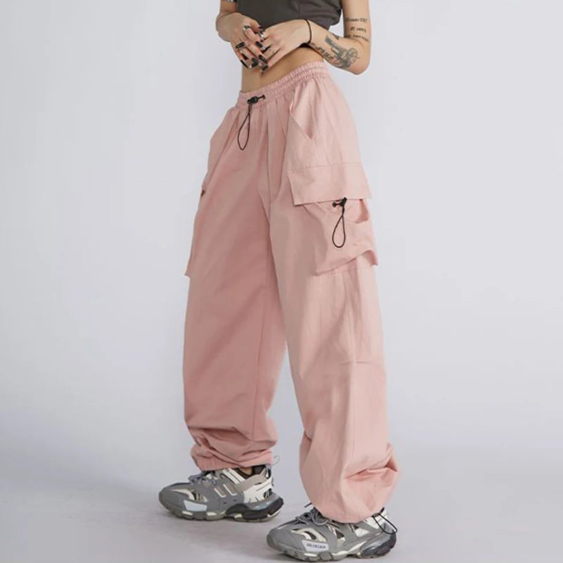 Big Size Female High Street Cargo Pants Lady Baggy High Waist Straight Leg Trousers Girls Classic Fashion Drawstring Pants