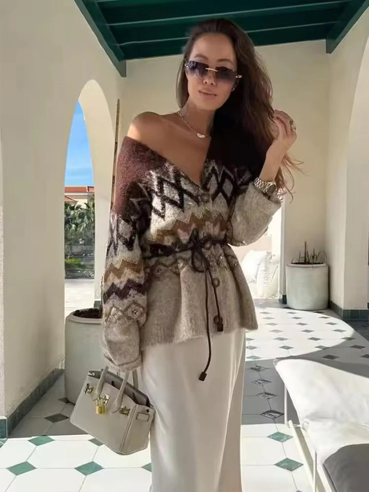 Women Knitted Midi Skirts Two Piece Sets 2026 New Fashion Jacquard Belt Knit Cardigan Women's Suits Autumn Winter Woman Outfits