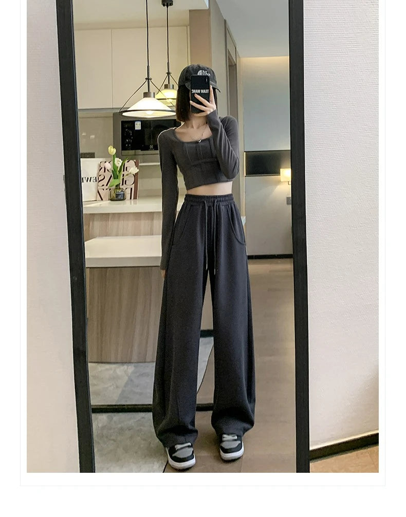 Women Side Striped Wide Leg Straight Tube Pants Vintage High Street Classic Ladies Trousers Winter Fleece Y2k Sport Sweatpants