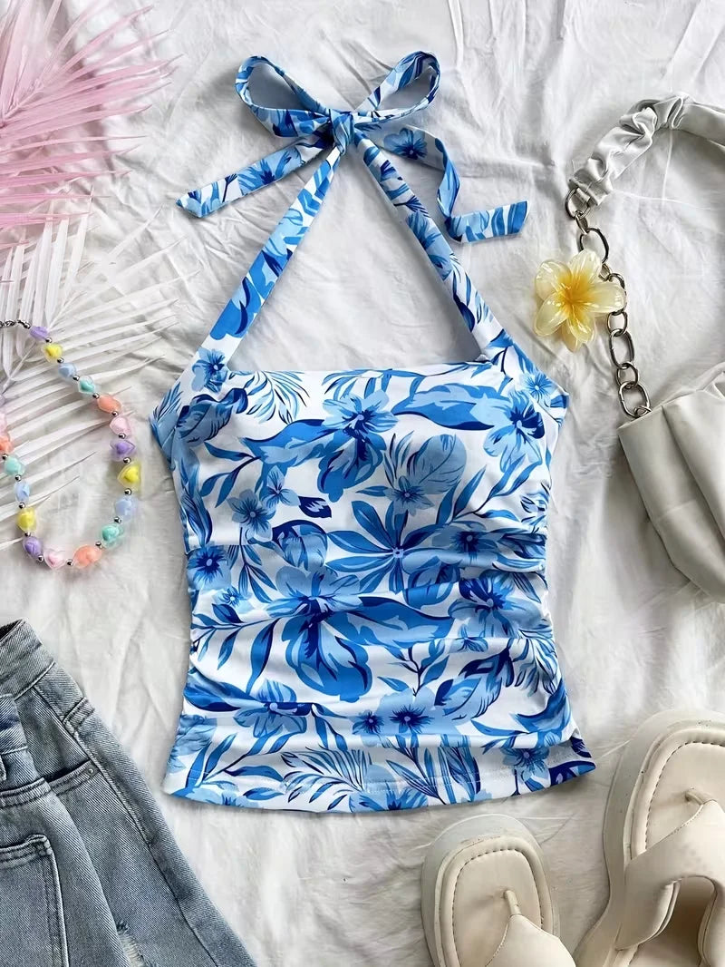 cropped top，Women's vacation open collar blue and white printed pleated lace up backless vest