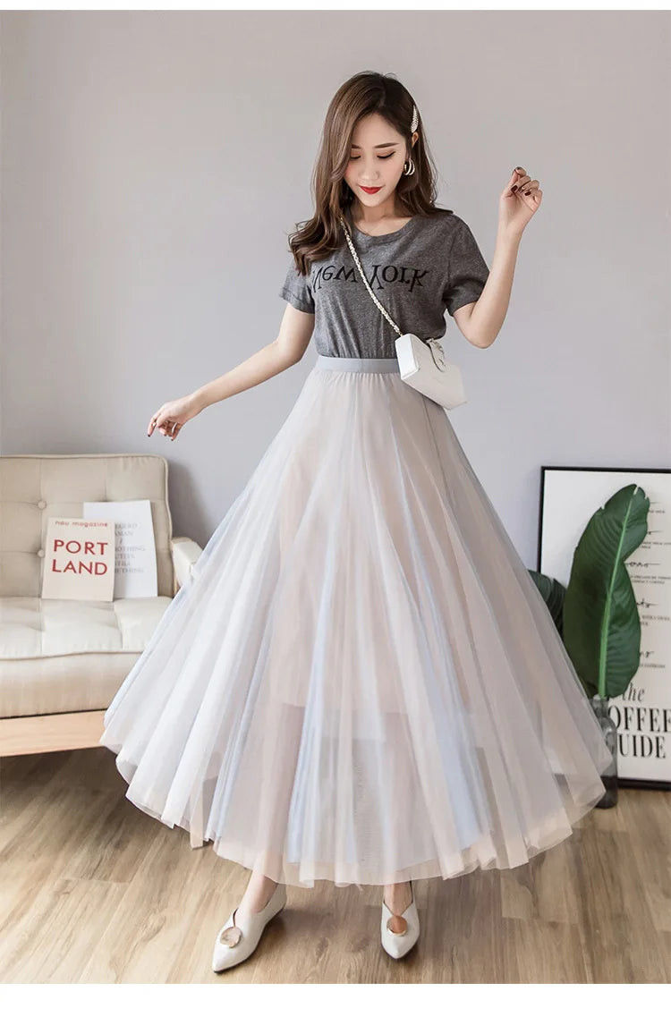 Vintage Tulle Skirt Women Elastic High Waist  3 Layers  A-line Pleated Mesh Skirt Long Bride Tutu Skirts Female Jupe Longue
