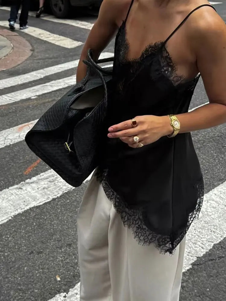 HH Women Elegant Polka Dot Lace Slip Tops Asymmetrical Hem Tanks Camis Summer Lady Sexy Lace Splicing Club Party Tops Camisole