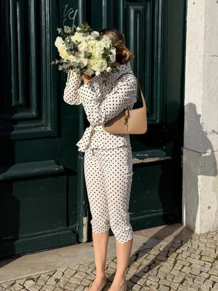 2026 Spring Polka Dot Capri Pants Sets Chic Women Stand Collar Lace Up Jacket High Waist Pencil Pants Lady 2 Pcs Outfits Street