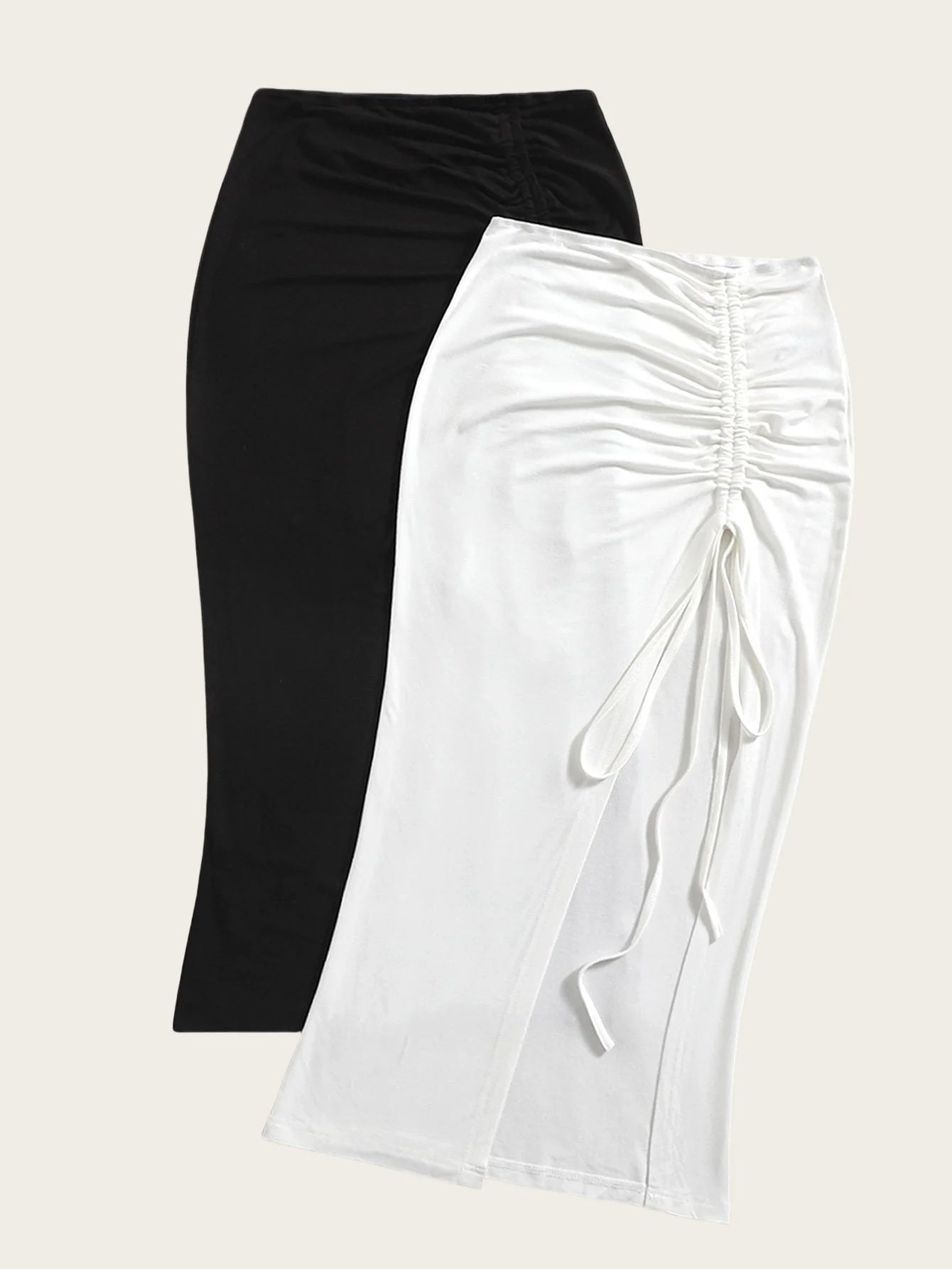 New women's elegant high waist knitted polyester skirt, solid color spring, summer and autumn long skirt, drawstring side slit