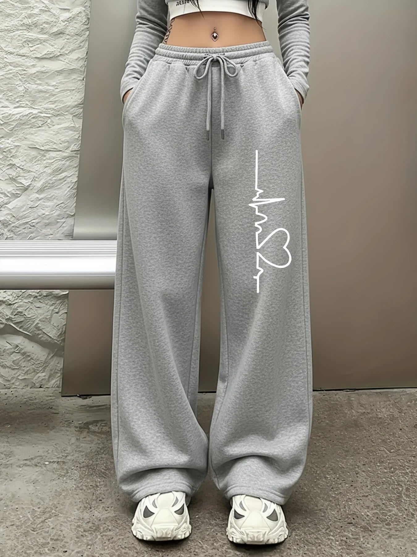 Women's Street Style Casual Sweatpants with Heartbeat-shaped Print Arrivals for Spring Fleece Loose Fit Streetwear Oversized