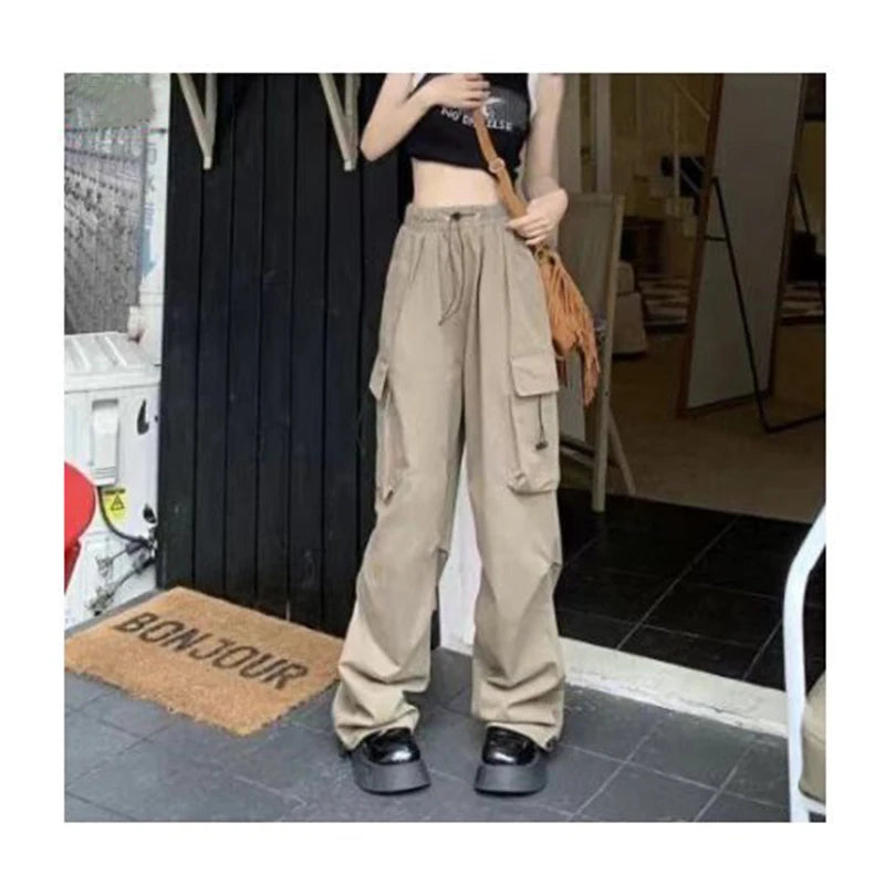 Big Size Female High Street Cargo Pants Lady Baggy High Waist Straight Leg Trousers Girls Classic Fashion Drawstring Pants