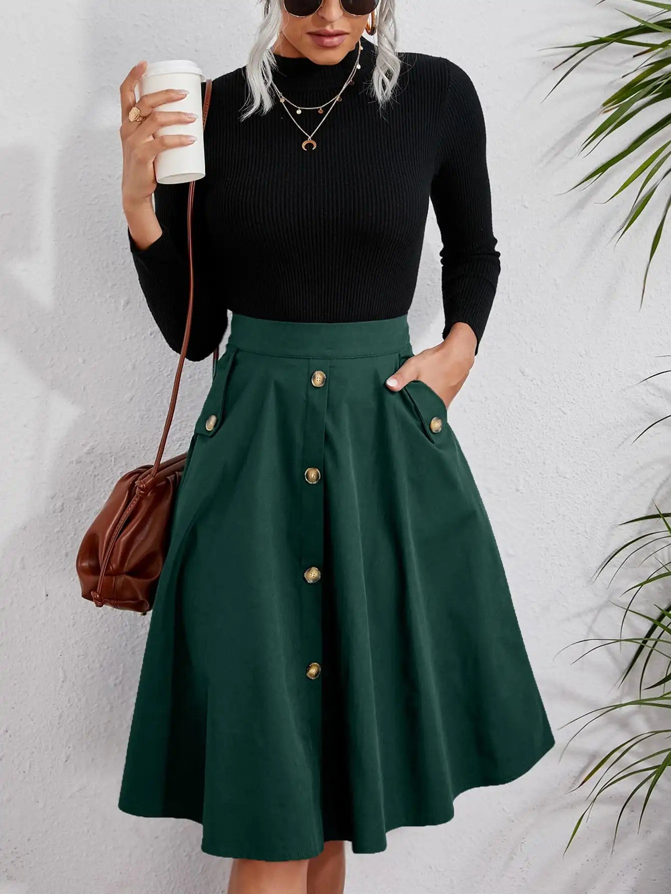 Chic Women's Dark Green Flared Midi Skirt Metal Button Detail With Pockets Versatile Casual Office Daily Wear Skirt