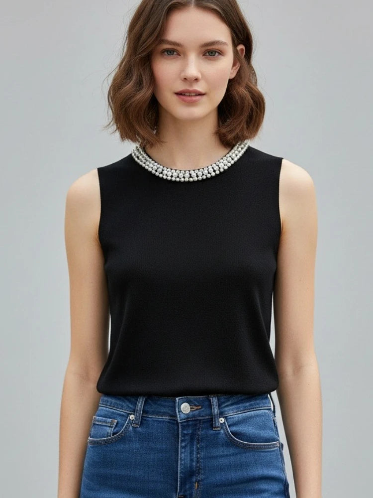 Summer 2026 Korea Knitted Vests Women Top Solid Tank Blusas Mujer De Moda Fashion Female Sleeveless Beading Casual Thin Tops