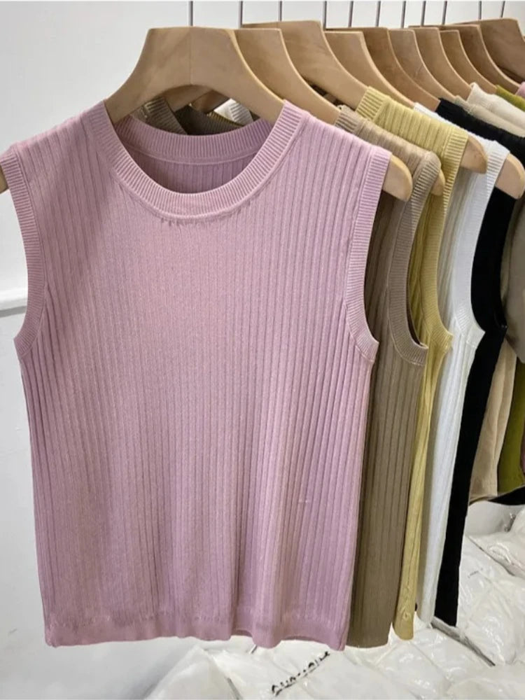 Korea Knitted Vests 2026 Summer New Women Top V-neck Solid Tank Tops Mujer De Moda Fashion Female Sleeveless Casual Thin Tops