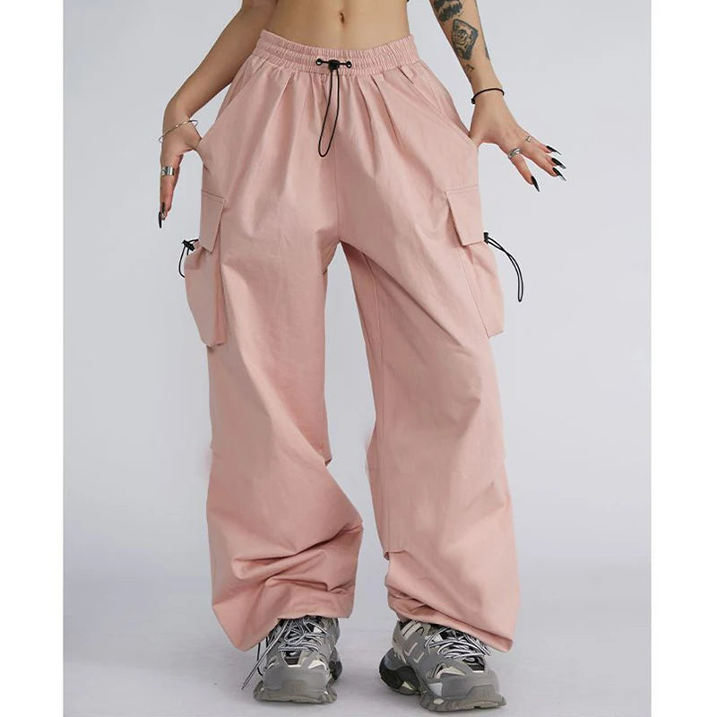 Big Size Female High Street Cargo Pants Lady Baggy High Waist Straight Leg Trousers Girls Classic Fashion Drawstring Pants