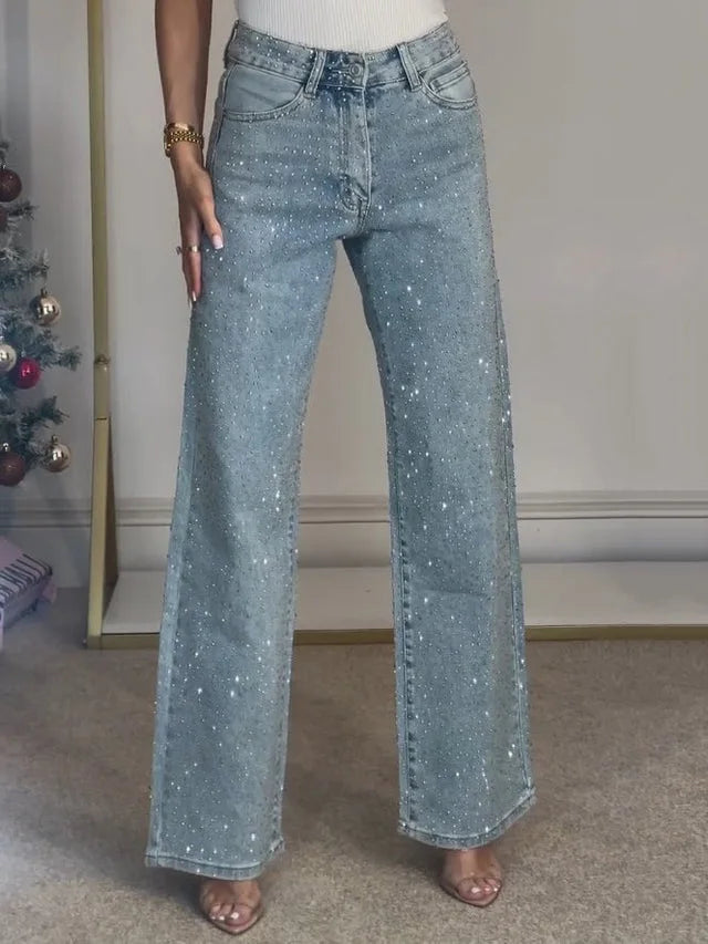 Straight Jeans for Women Diamonds Pants Stretch High Waist Washed Distressed Pockets Vintage Denims Streetwear Female Trousers