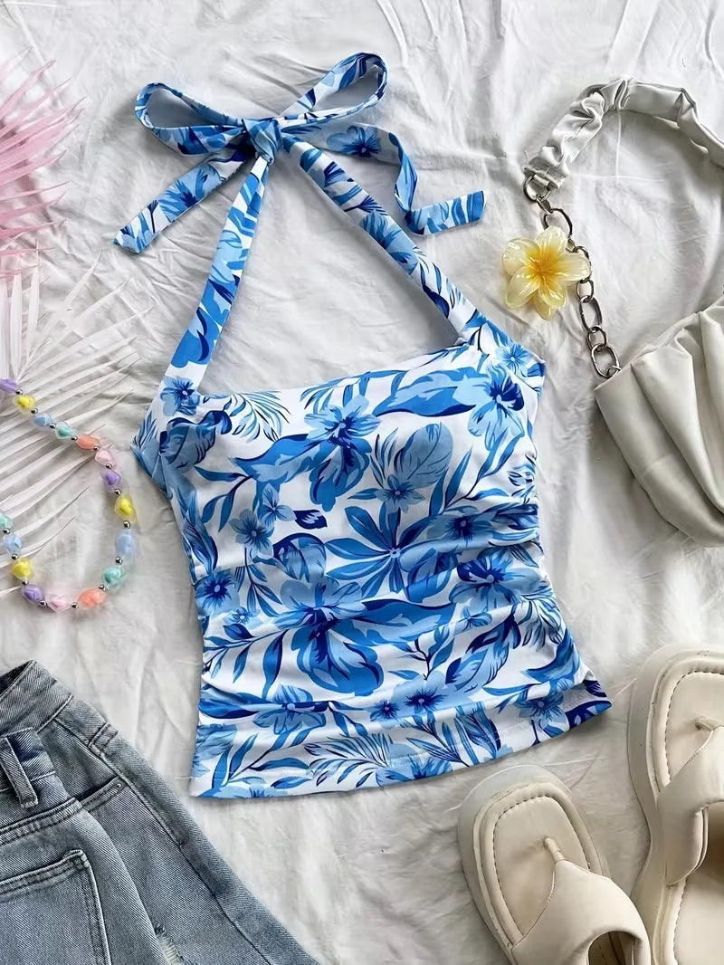 cropped top，Women's vacation open collar blue and white printed pleated lace up backless vest