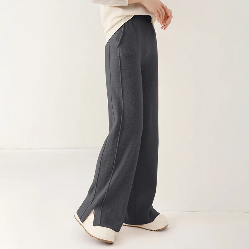 Women Wool Wide Leg Trousers Elastic Waist Side Slit Woman Wool Pants Autumn Winter 100% Merino Wool Knitted Soft Warm Trousers
