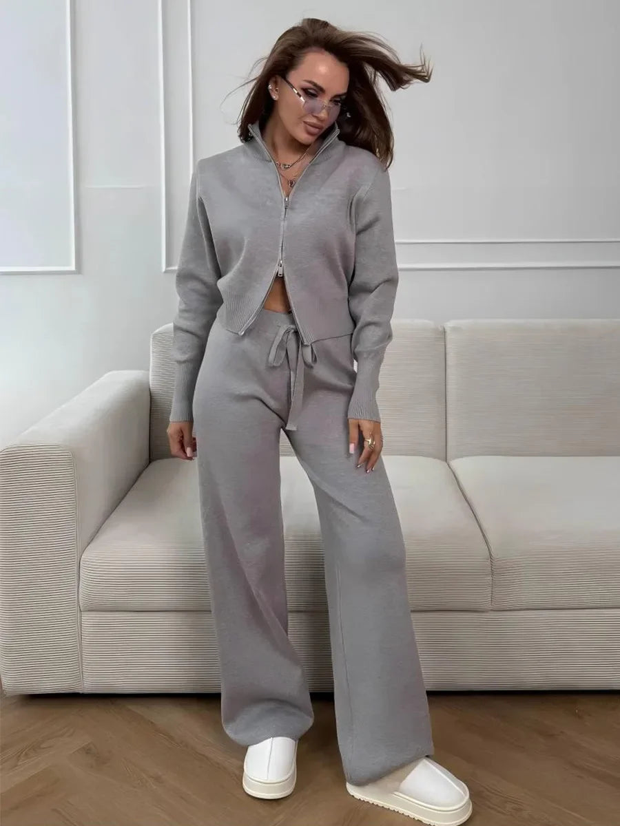 Women's New Autumn Winter Zip Up Knit Set Trendy Slim Fit Cardigan Pants Chic Commuting Sweater Outfit 2 Pieces Sets