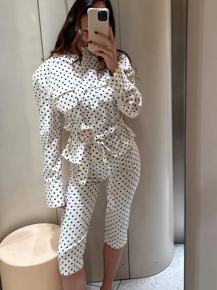 2026 Spring Polka Dot Capri Pants Sets Chic Women Stand Collar Lace Up Jacket High Waist Pencil Pants Lady 2 Pcs Outfits Street
