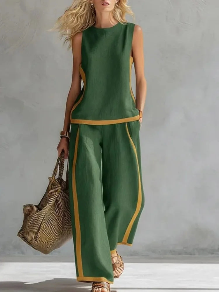 Color Blocking Loose Women Summer Sleeveless Sportswear 2PCS Matching Set O-Neck Wide Leg Pant Pocket Ladies Outfit Streetwear