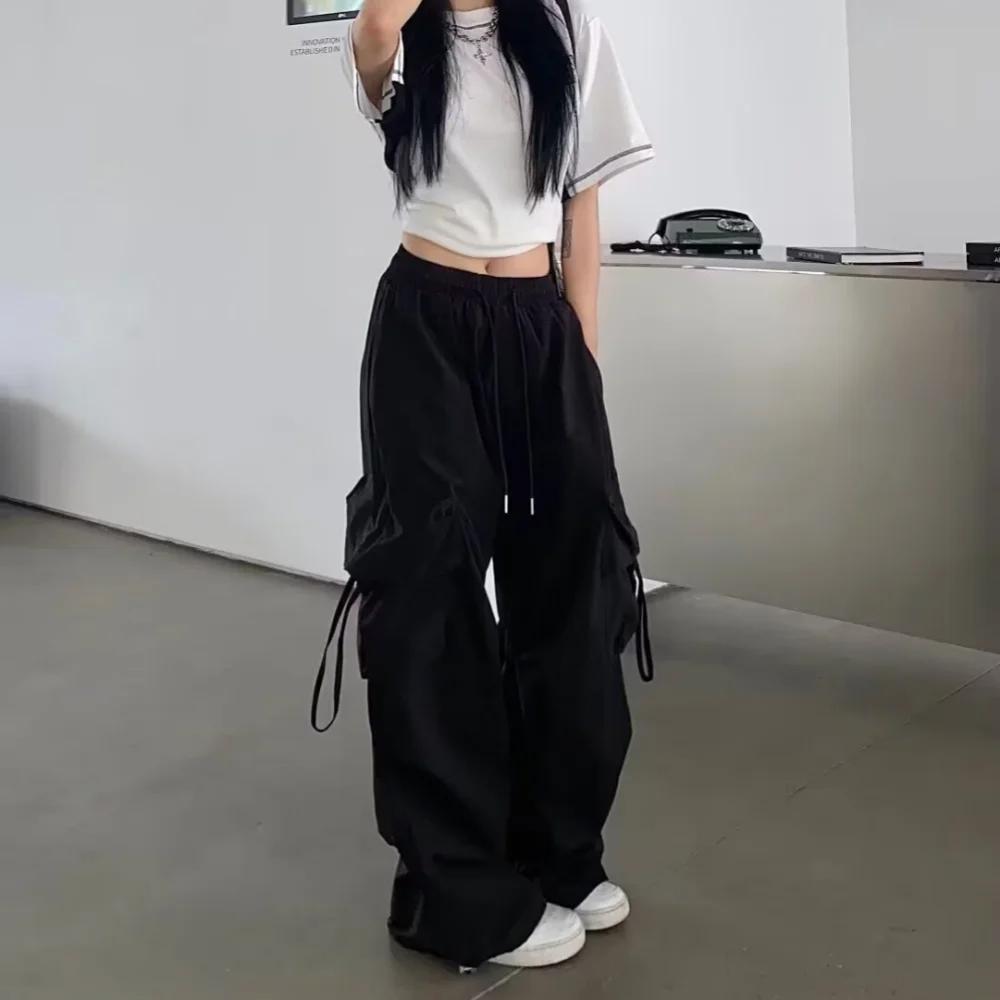2026 New Vintage Loose Wide Leg Pants High Street Y2K Retro Hip Hop Solid Sweatpant Casual Women Cargo Commute Jogger Trousers