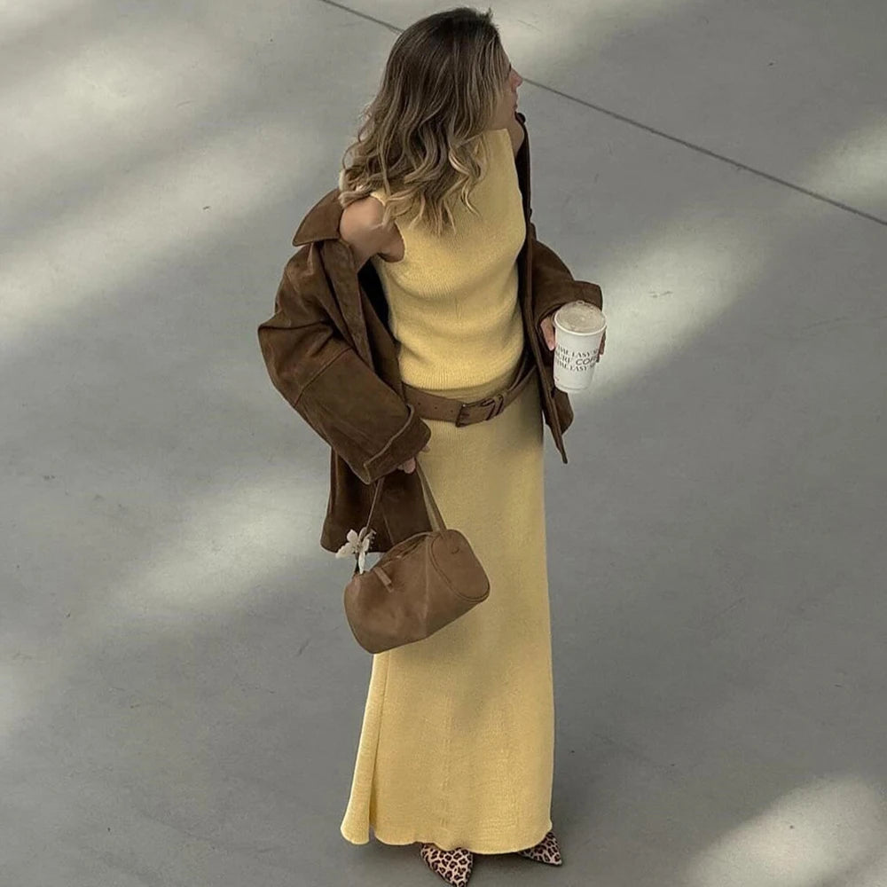 Tuularose Elegant Long Skirt Two-piece Set Women's Sleeveless Knitted Turtleneck Vest Slim Skirt Set 2025 New Fashion Skirt Set