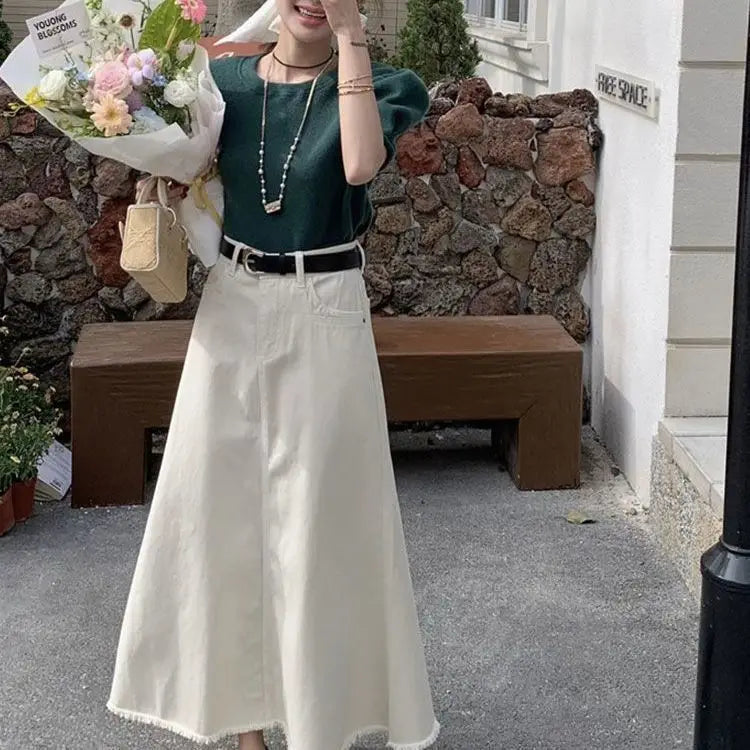 White High Waist A Line Denim Skirt Slimming Fashion Midi Bodycon Fishtail Skirt