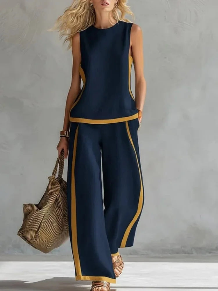 Color Blocking Loose Women Summer Sleeveless Sportswear 2PCS Matching Set O-Neck Wide Leg Pant Pocket Ladies Outfit Streetwear