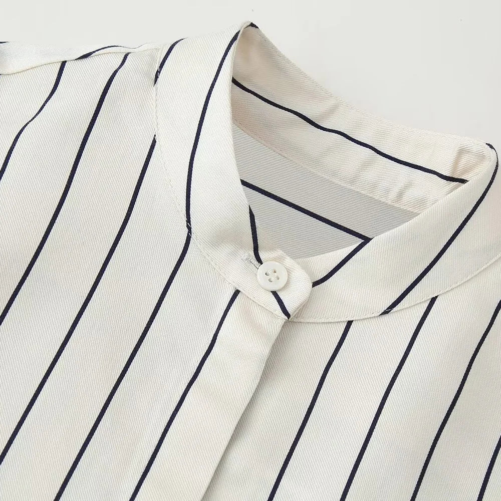 2026 new women's clothing asymmetrical hem round neck fluffy sleeve striped shirt mid waist striped pleated pants