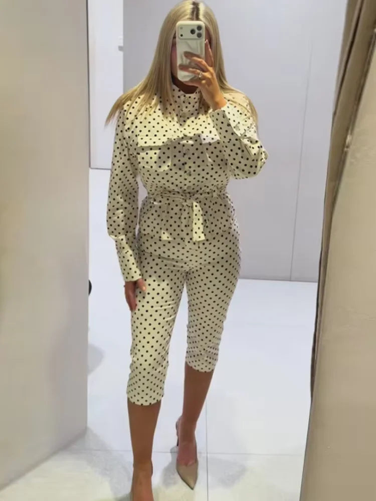 2026 Spring Polka Dot Capri Pants Sets Chic Women Stand Collar Lace Up Jacket High Waist Pencil Pants Lady 2 Pcs Outfits Street